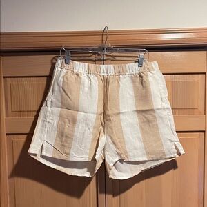 Women's Tan and White Striped Linen Shorts